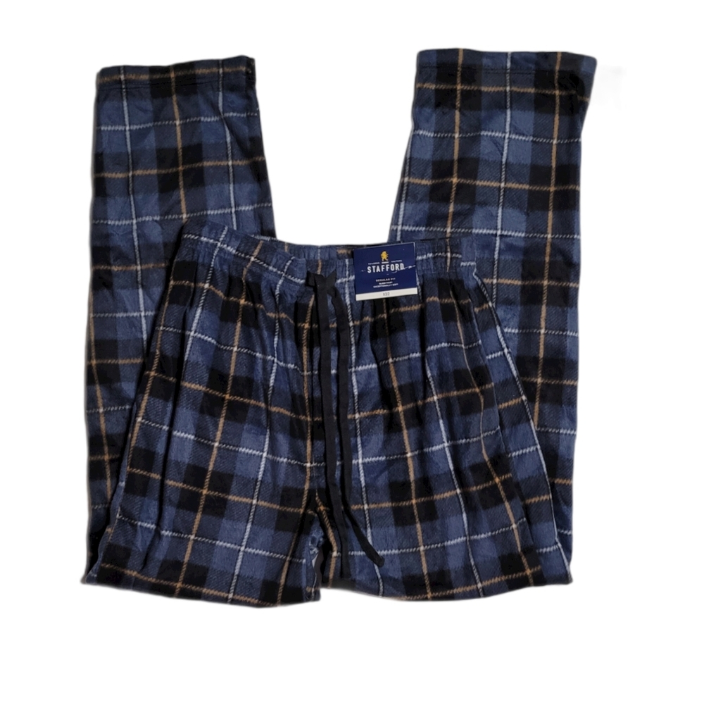 Stafford Mens Fleece Blue Plaid Sleep Pant - Small